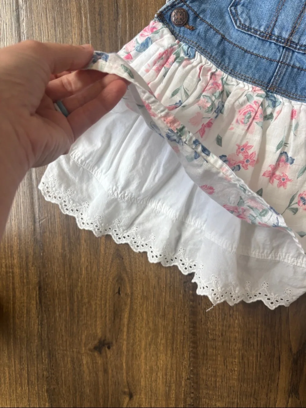 OshKosh B'gosh Denim Overall Dress with Floral Skirt - Light Blue & White
